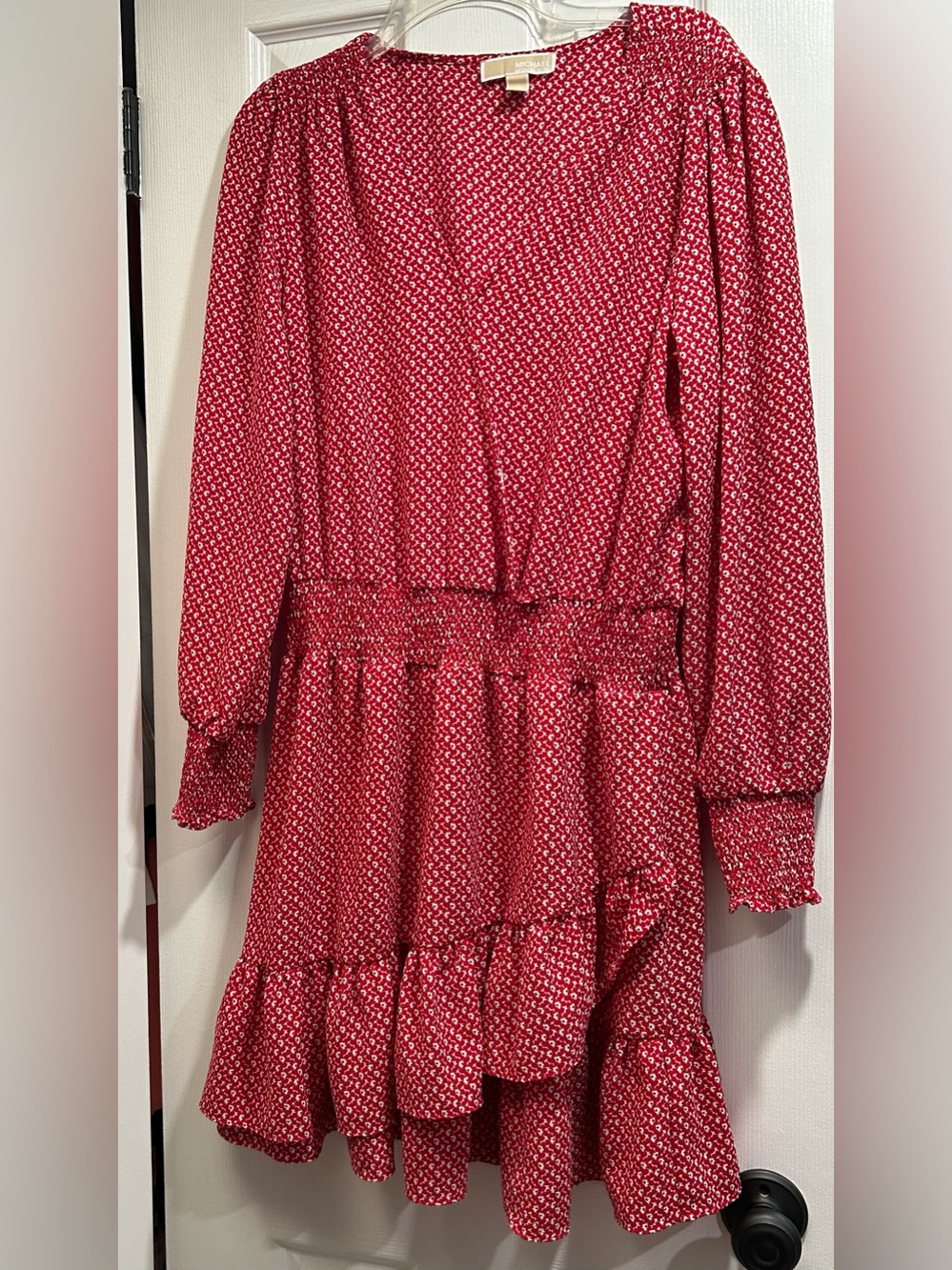 Michael Kors Red Printed Long Sleeve Tiered Dress